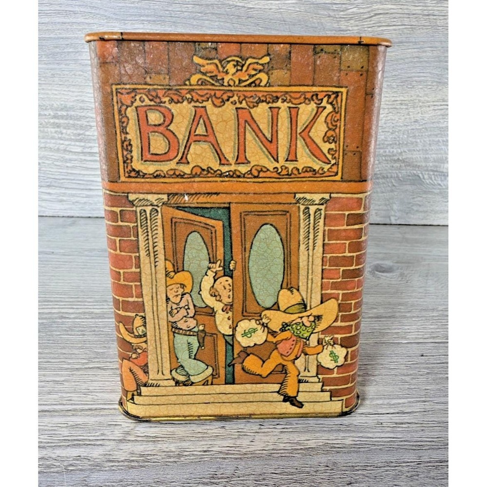 Vintage 70's Hallmark Tin Metal Coin Bank Western Cowboy Robbery Robbers  4.75"